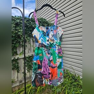 NWT Parker Weslyn Tropical Floral Linen Mini Belted Button Colorful Dress 6